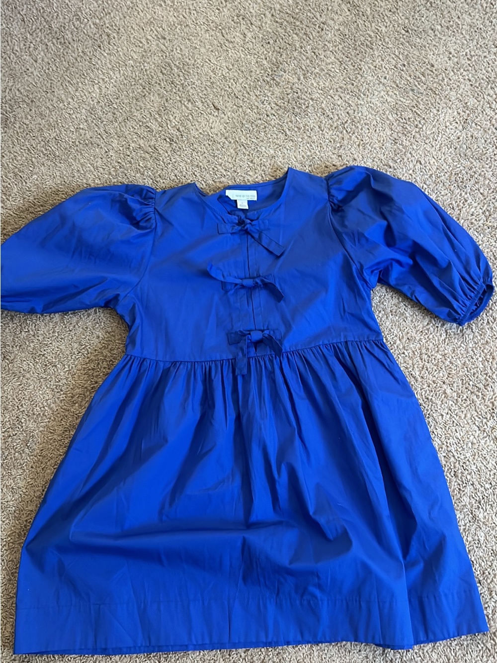 Puff-Sleeve Bow-Front Casual Dress in Royal Blue